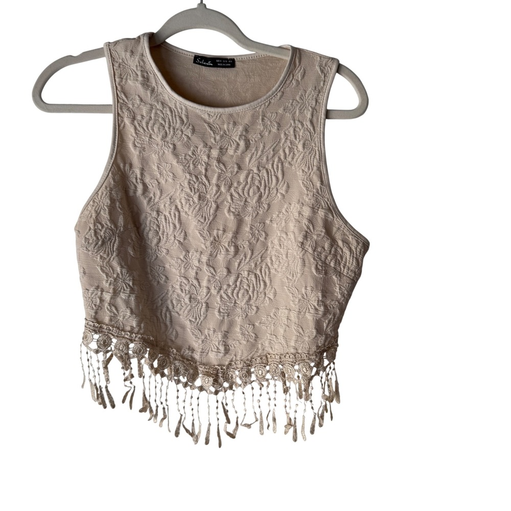 Salanta Textured Floral Crop Top Fringe Lace Boho Cream Size M Boho‎ Festival